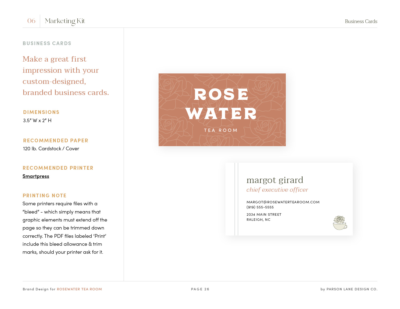 A screenshot of the business cards page in the Parson Lane brand manual, including a mockup of the business card design and information on how and where to have the designs printed.