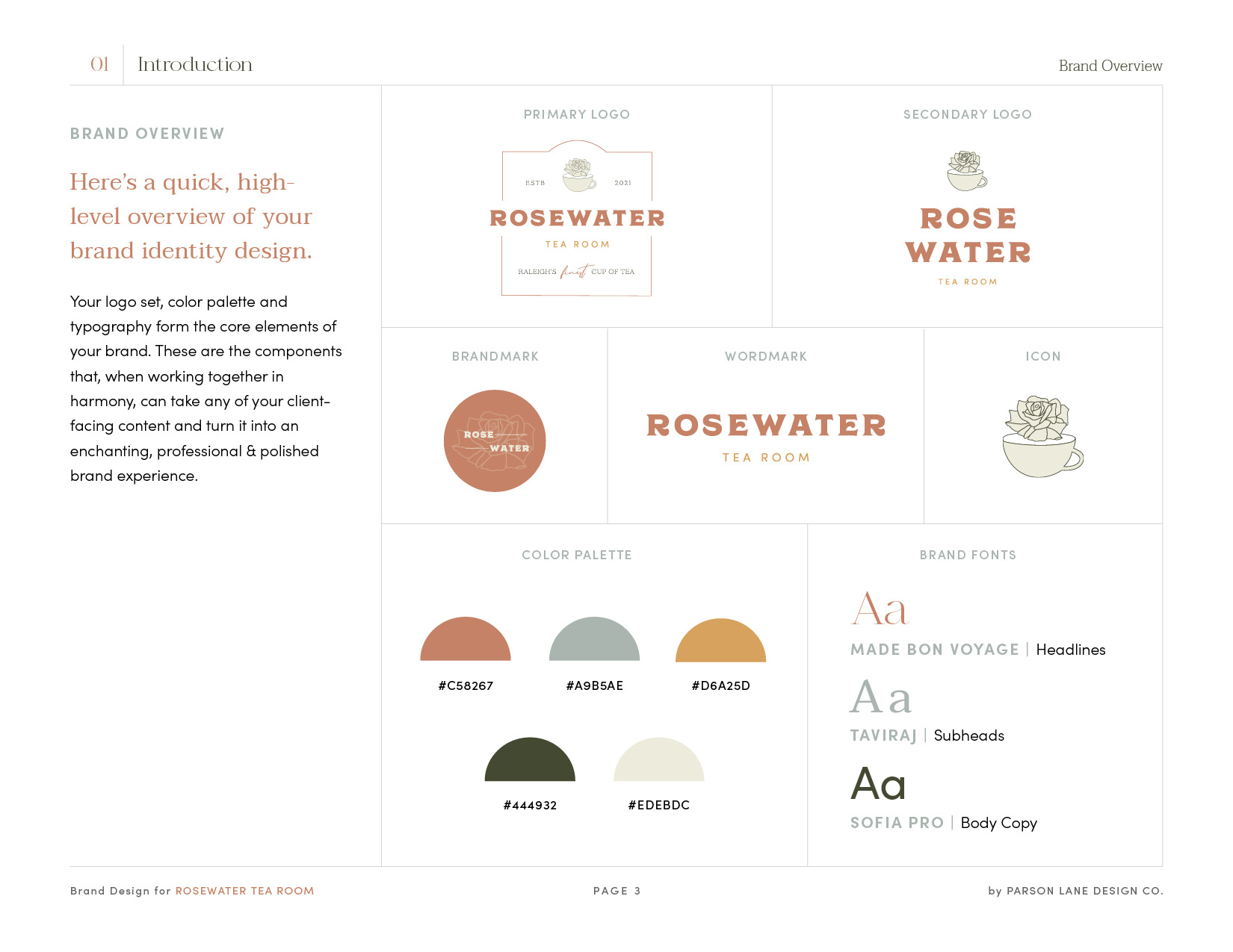 A screenshot of the brand overview page in the Parson Lane brand manual, including information about the logo set, color palette, and brand fonts.