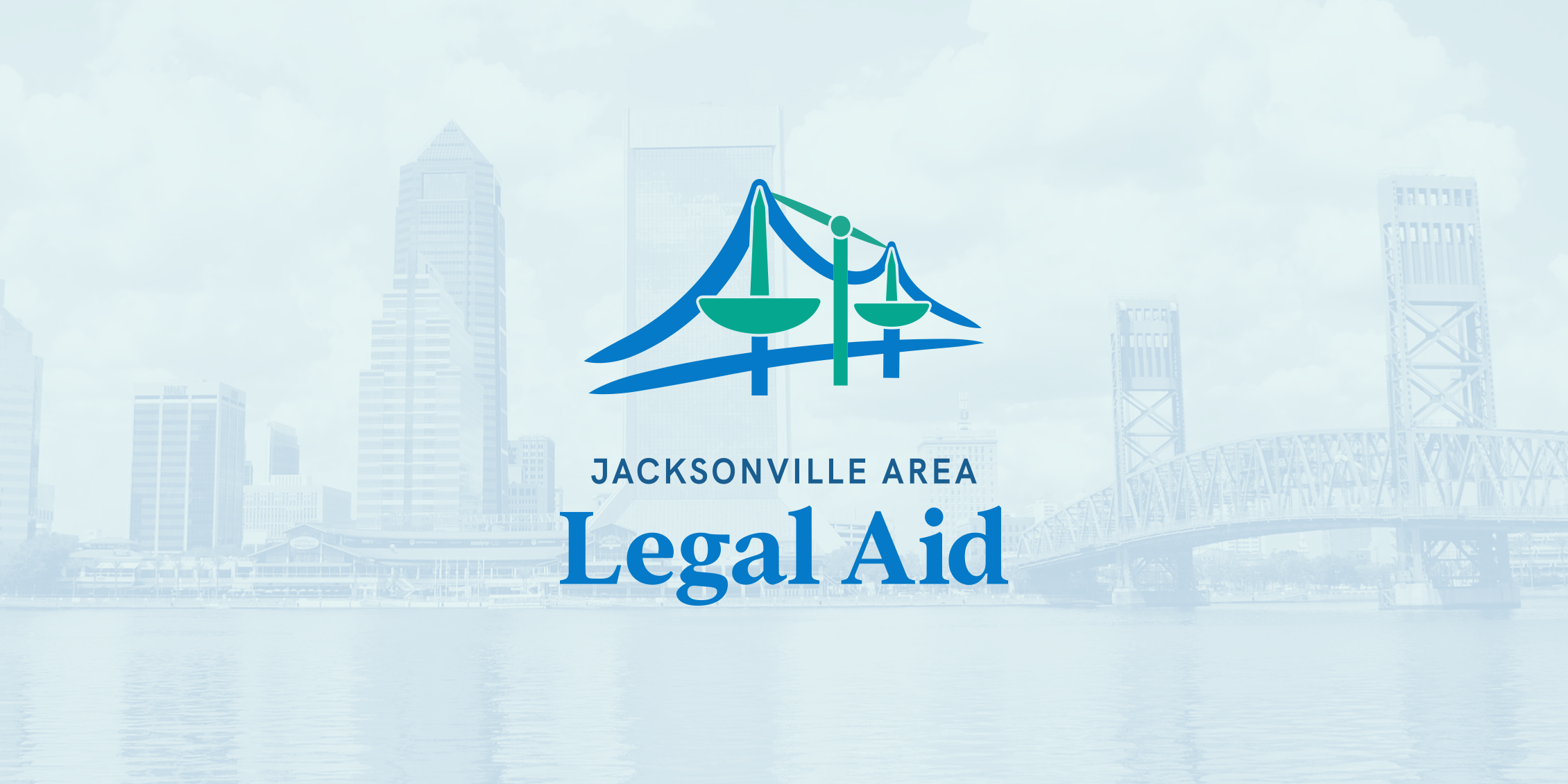 Jacksonville Area Legal Aid logo featuring a stylized bridge with scales of justice incorporated into its supports, set against a faded cityscape background. The organization's name appears below in blue text.