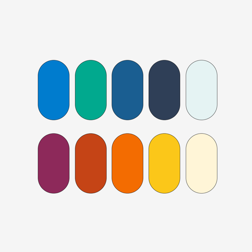 Color palette for Jacksonville Area Legal Aid branding, featuring ten rounded rectangle swatches in various shades of blue, green, purple, orange, and yellow.