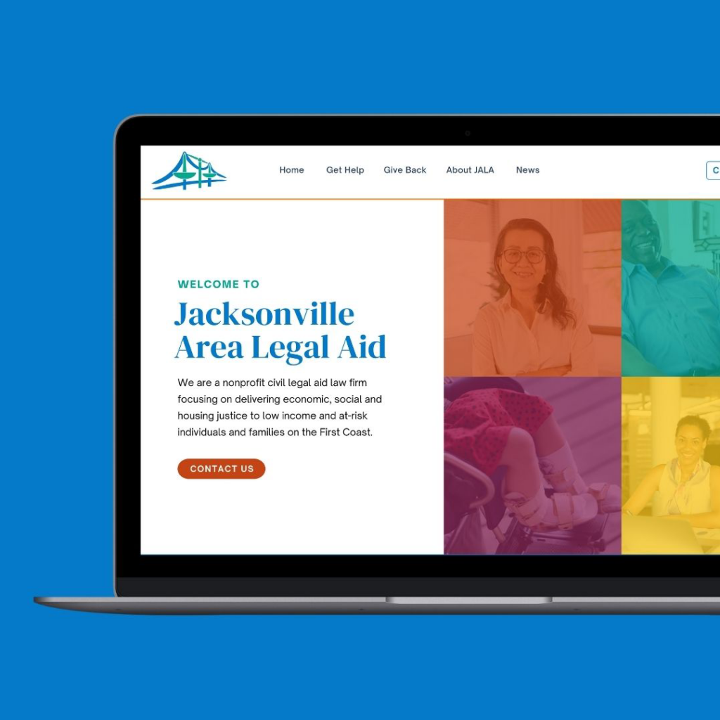 Laptop screen displaying a mockup of Jacksonville Area Legal Aid's website homepage. The page features the organization's logo, navigation menu, and a welcome message with a brief description of their services. Colorful images of people are visible on the right side.