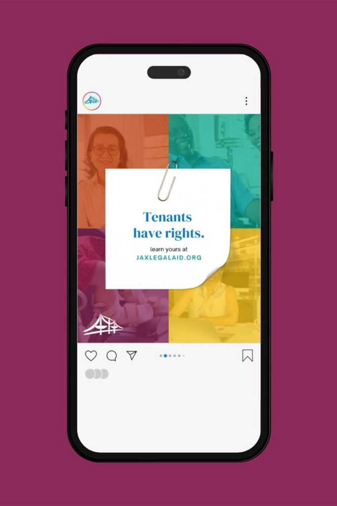 Social media post for Jacksonville Area Legal Aid promoting tenant rights, featuring colorful grid layout and organizational branding