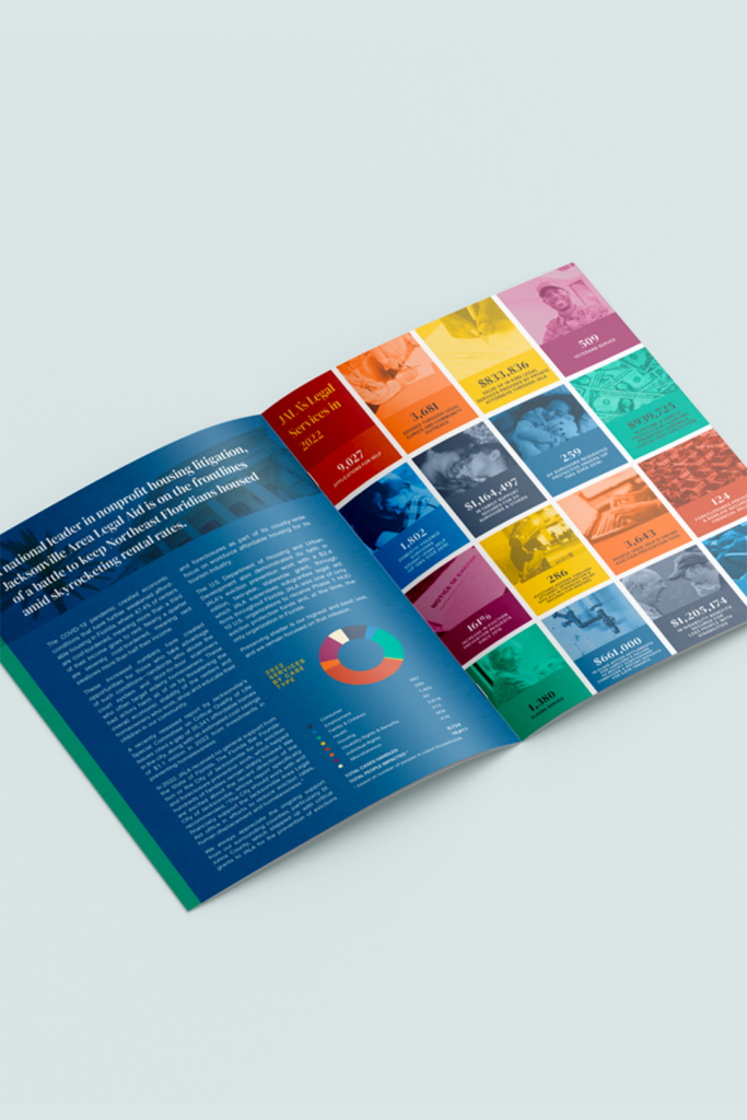 Spread from annual report showing colorful infographic tiles with statistics and achievements of legal aid organization